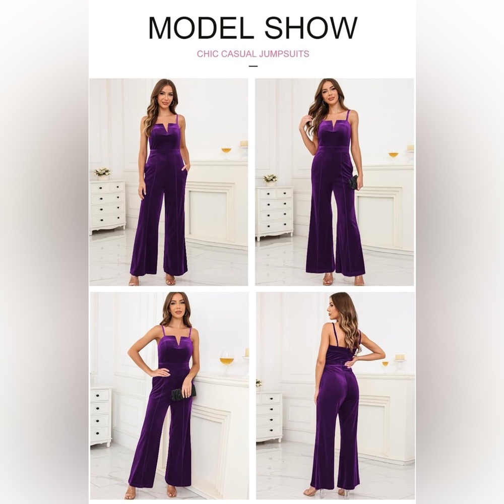NWOT BLENCOT Velvet Jumpsuits V Neck Spaghetti Straps Wide Leg Dressy Overalls - Picture 3 of 4